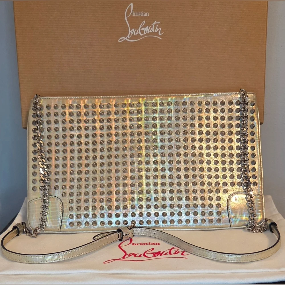 Christian Louboutin Loubiposh Studded Clutch Crossbody Galactic Silver W/COA